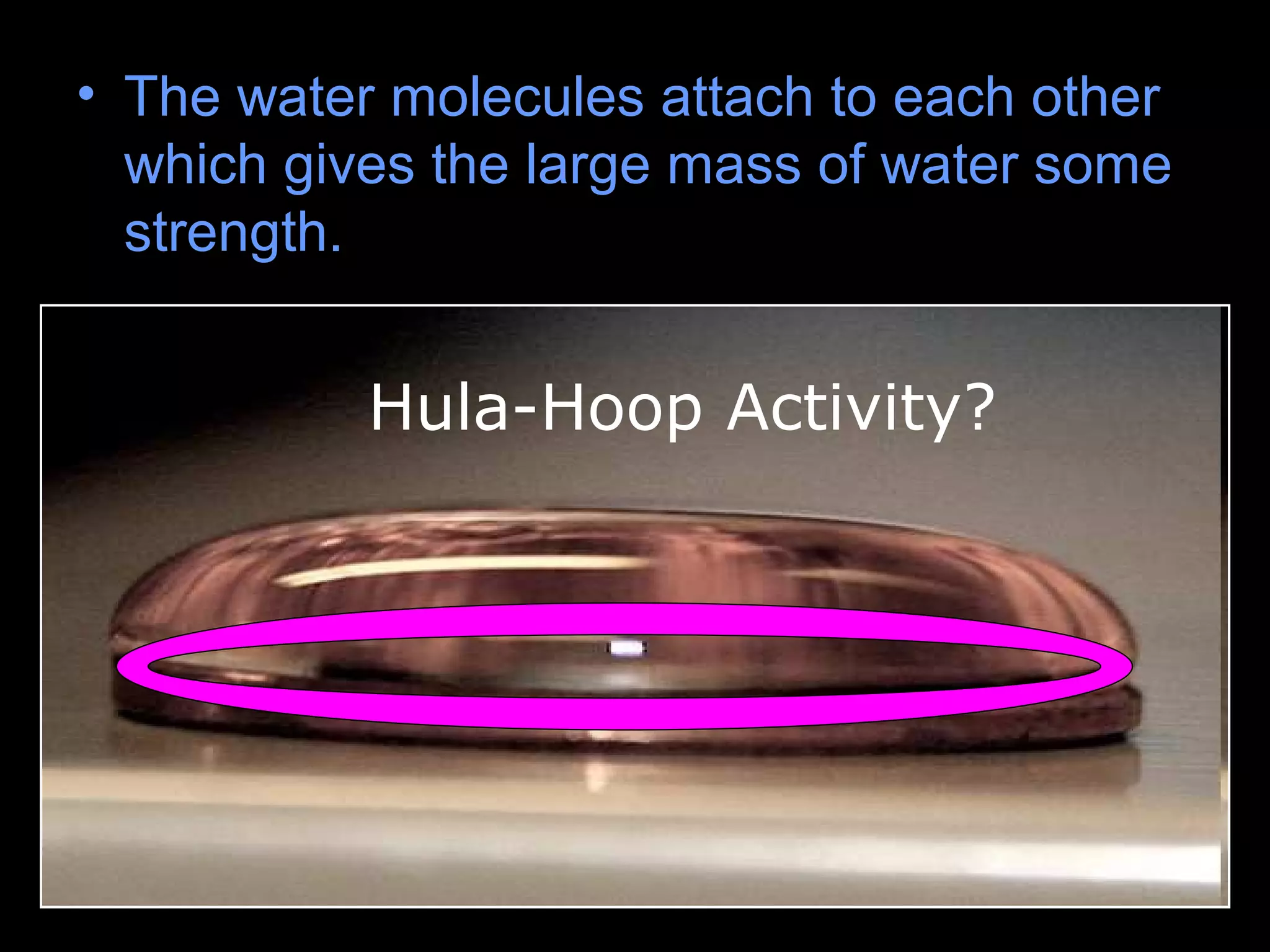 • The water molecules attach to each other
which gives the large mass of water some
strength.
Hula-Hoop Activity?
 