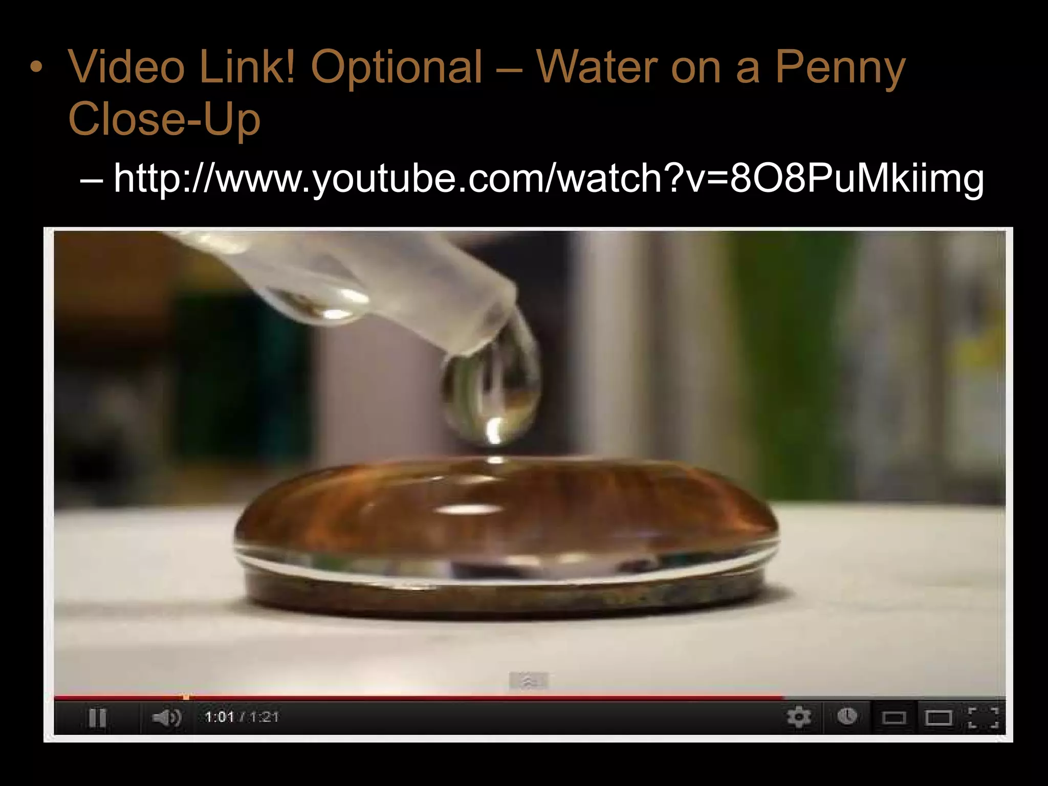 • Video Link! Optional – Water on a Penny
Close-Up
– http://www.youtube.com/watch?v=8O8PuMkiimg
 