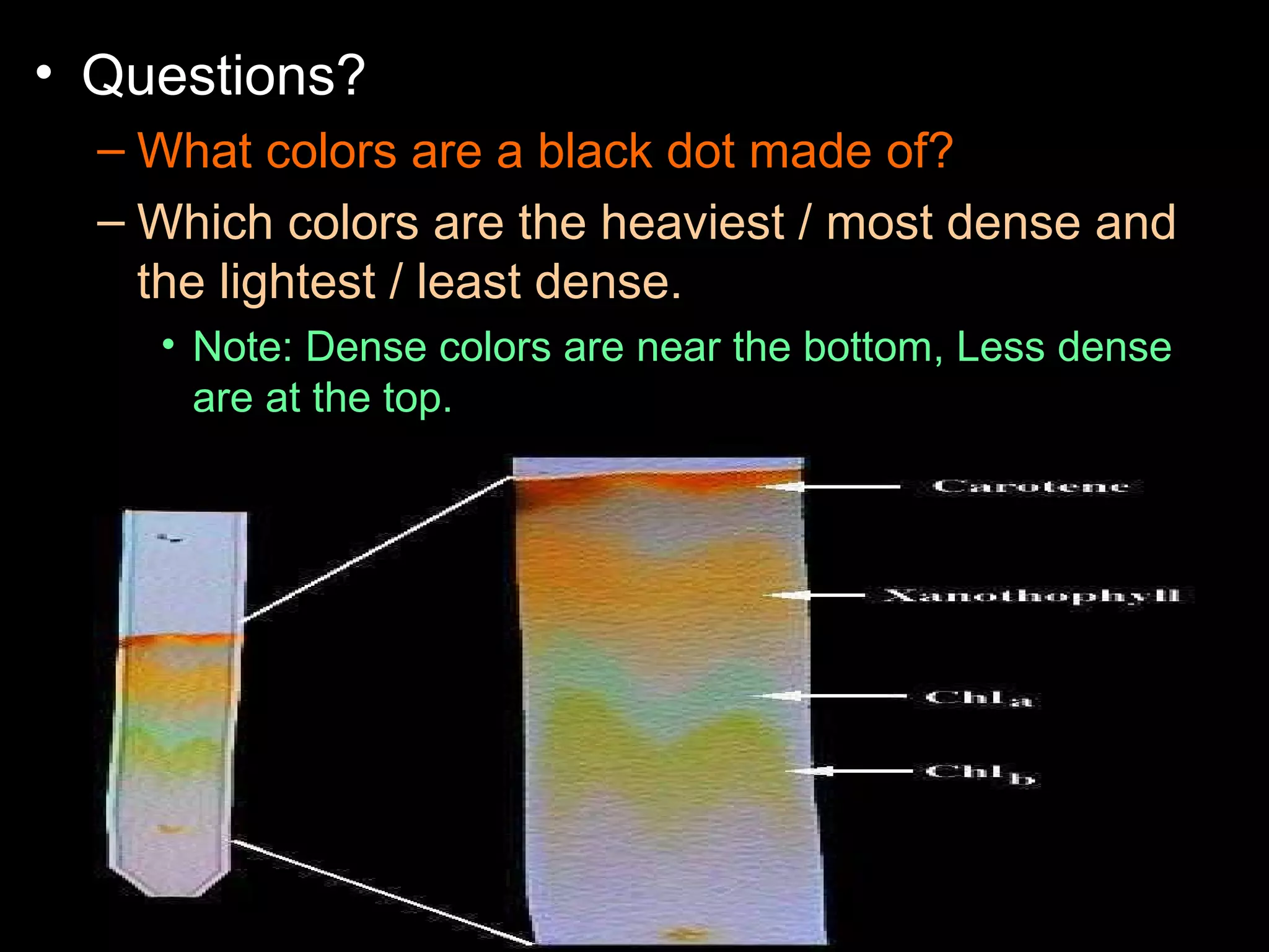 • Questions?
– What colors are a black dot made of?
– Which colors are the heaviest / most dense and
the lightest / least dense.
• Note: Dense colors are near the bottom, Less dense
are at the top.
 