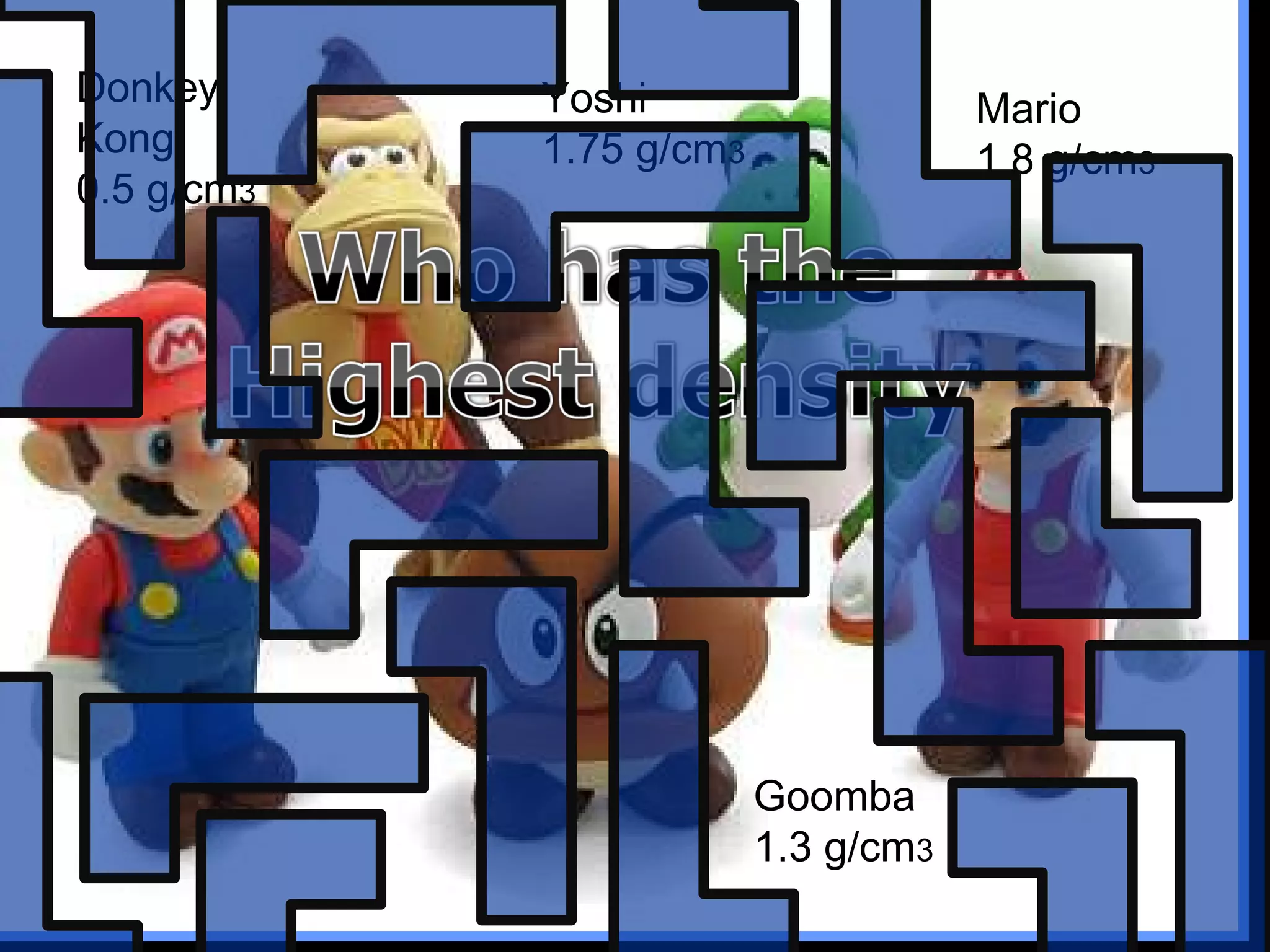 Donkey
Kong.
0.5 g/cm3
Yoshi
1.75 g/cm3
Mario
1.8 g/cm3
Goomba
1.3 g/cm3
 