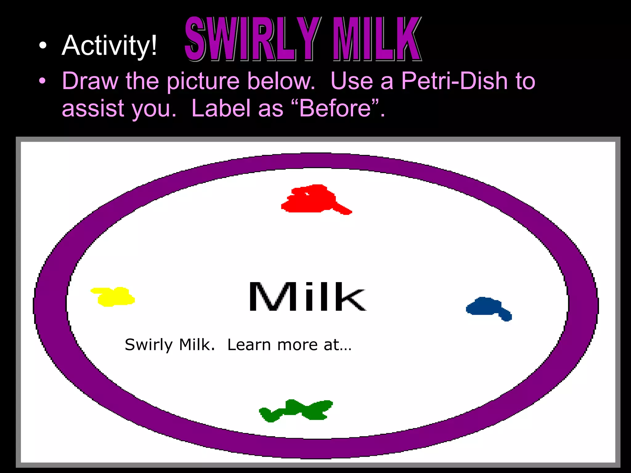 • Activity!
• Draw the picture below. Use a Petri-Dish to
assist you. Label as “Before”.
Swirly Milk. Learn more at…
http://chemistry.about.com/od/chemistryhowto
guide/a/magicmilk.htm
 