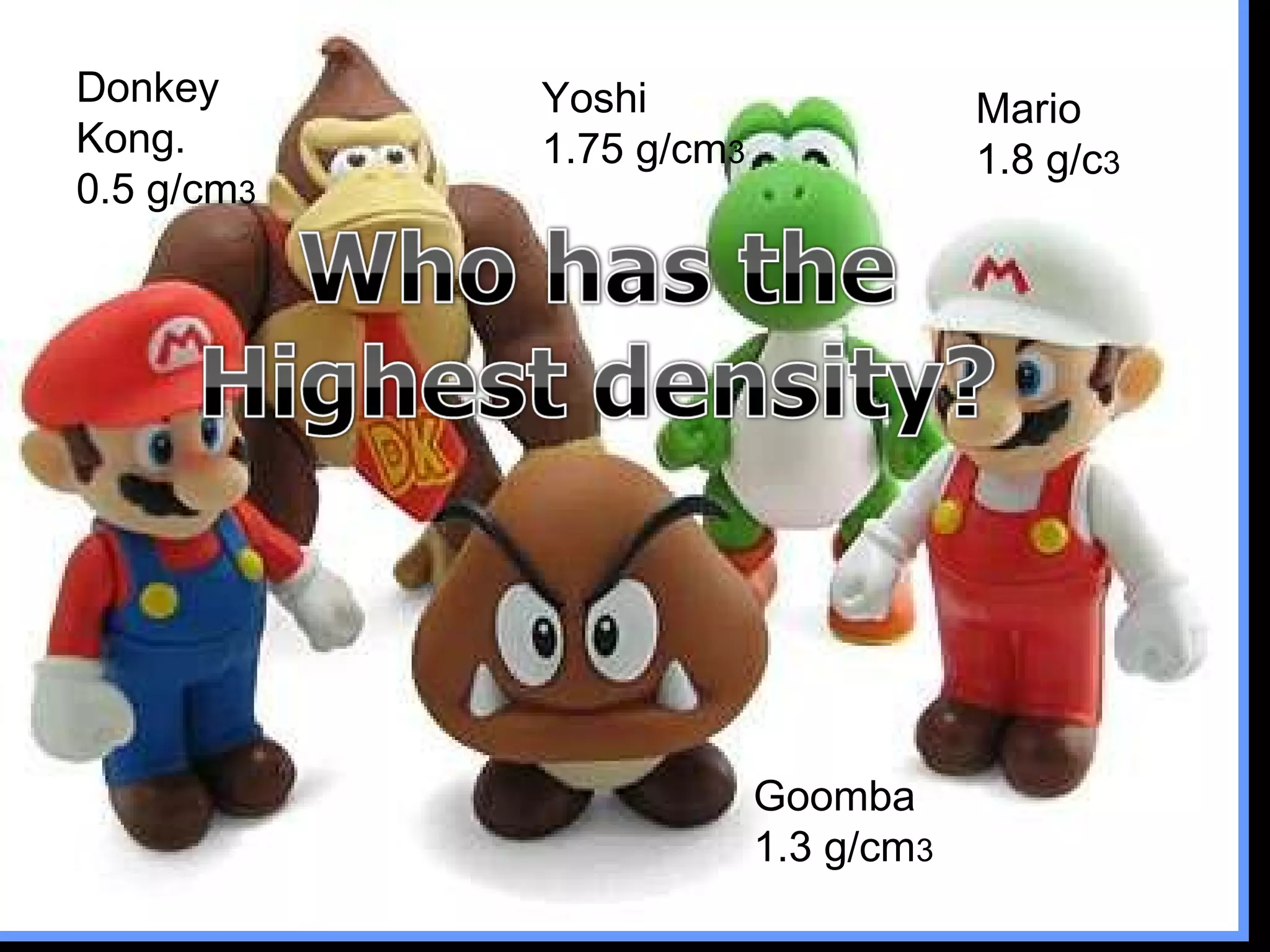 Donkey
Kong.
0.5 g/cm3
Yoshi
1.75 g/cm3
Mario
1.8 g/c3
Goomba
1.3 g/cm3
 