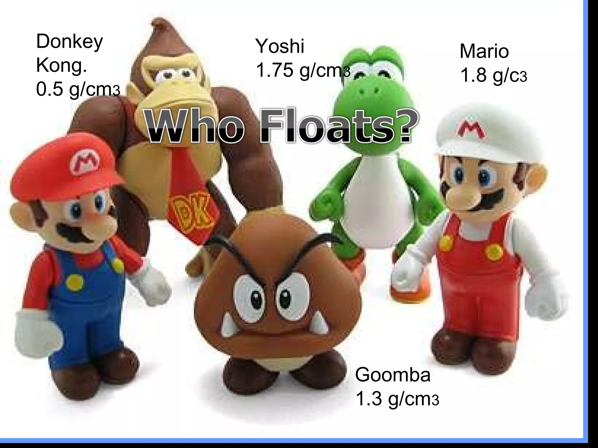 Donkey
Kong.
0.5 g/cm3
Yoshi
1.75 g/cm3
Mario
1.8 g/c3
Goomba
1.3 g/cm3
 
