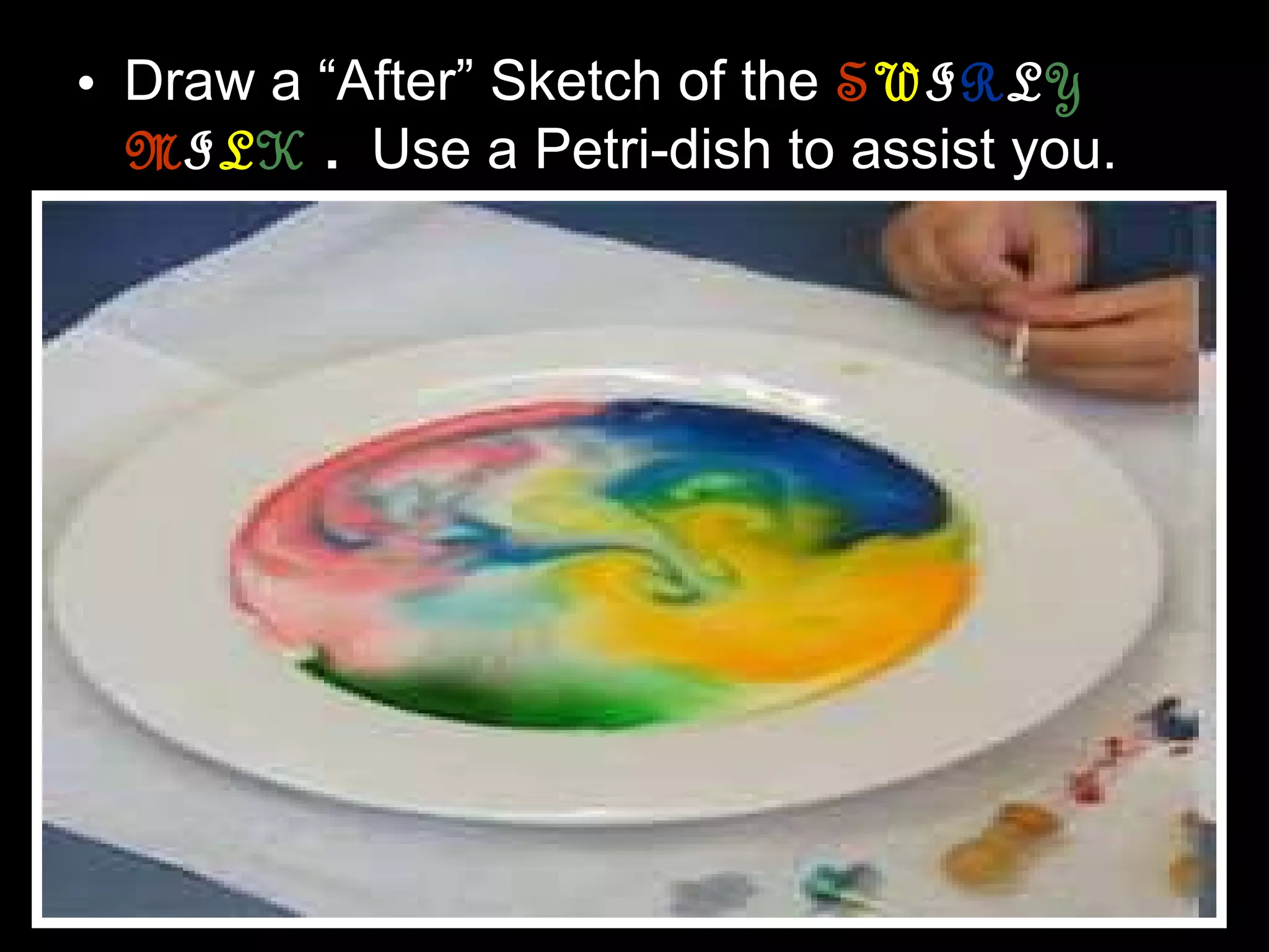 • Draw a “After” Sketch of the SWIRLY
MILK . Use a Petri-dish to assist you.
 