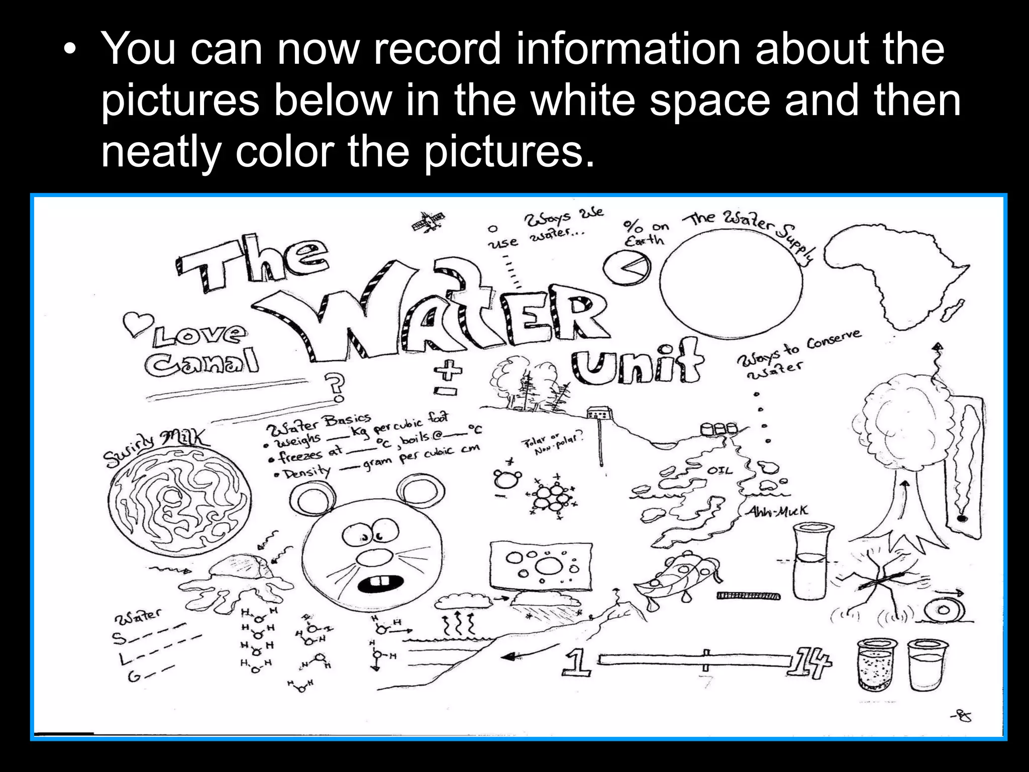 • You can now record information about the
pictures below in the white space and then
neatly color the pictures.
 