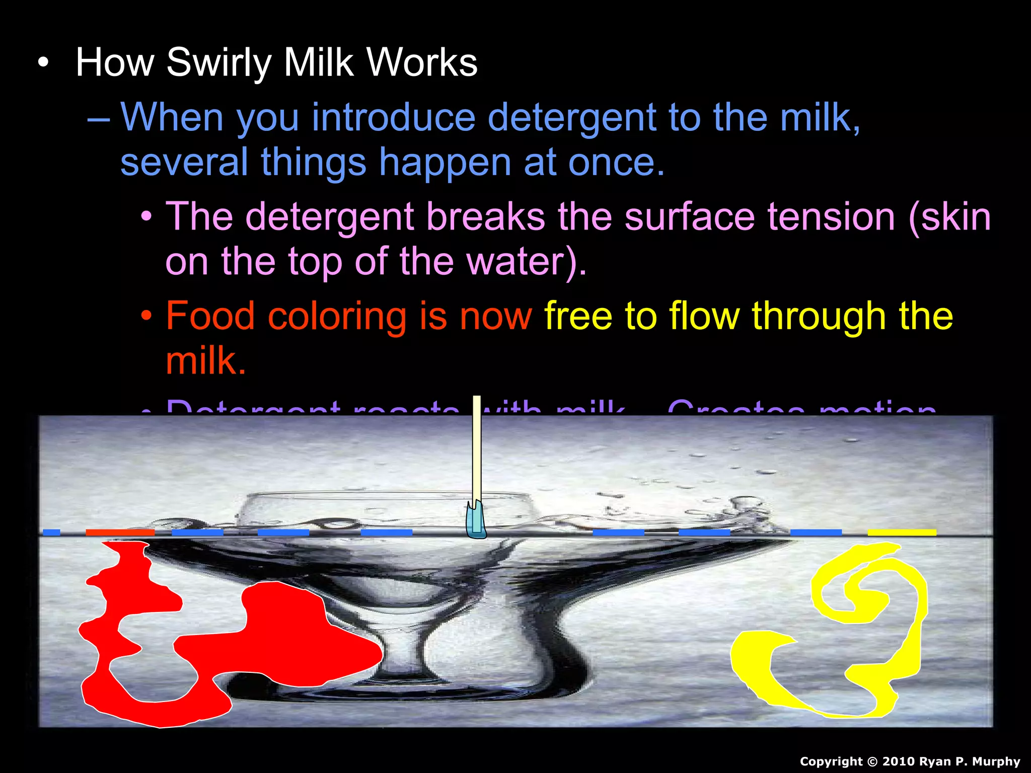 • How Swirly Milk Works
– When you introduce detergent to the milk,
several things happen at once.
• The detergent breaks the surface tension (skin
on the top of the water).
• Food coloring is now free to flow through the
milk.
• Detergent reacts with milk…Creates motion.
• Detergent also breaks up fat in milk / pushes
color around.
• Continues for awhile and then stops.
Copyright © 2010 Ryan P. Murphy
 