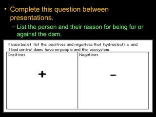 • Complete this question between
presentations.
– List the person and their reason for being for or
against the dam.
 