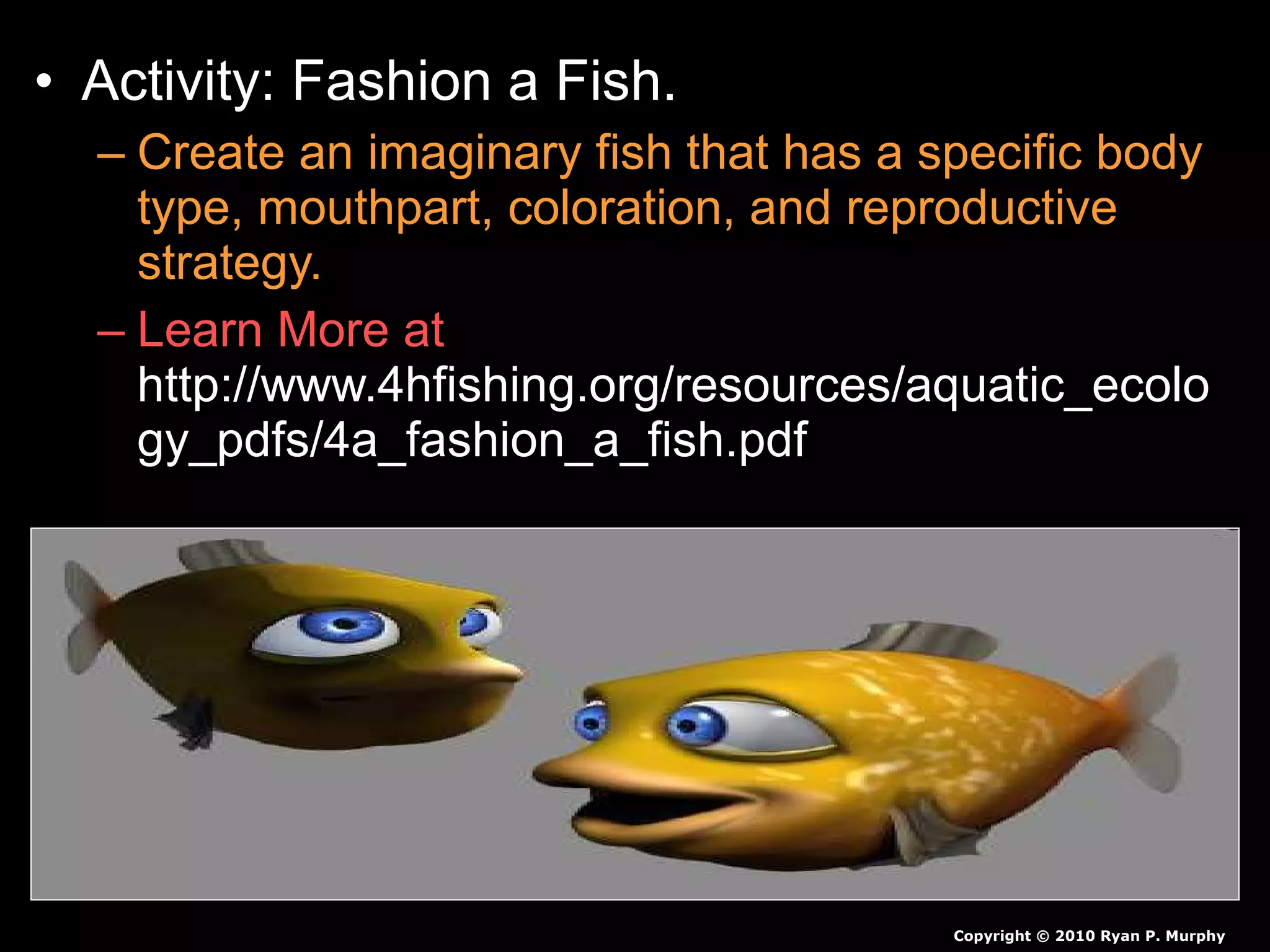 • Activity: Fashion a Fish.
– Create an imaginary fish that has a specific body
type, mouthpart, coloration, and reproductive
strategy.
– Learn More at
http://www.4hfishing.org/resources/aquatic_ecolo
gy_pdfs/4a_fashion_a_fish.pdf
Copyright © 2010 Ryan P. Murphy
 