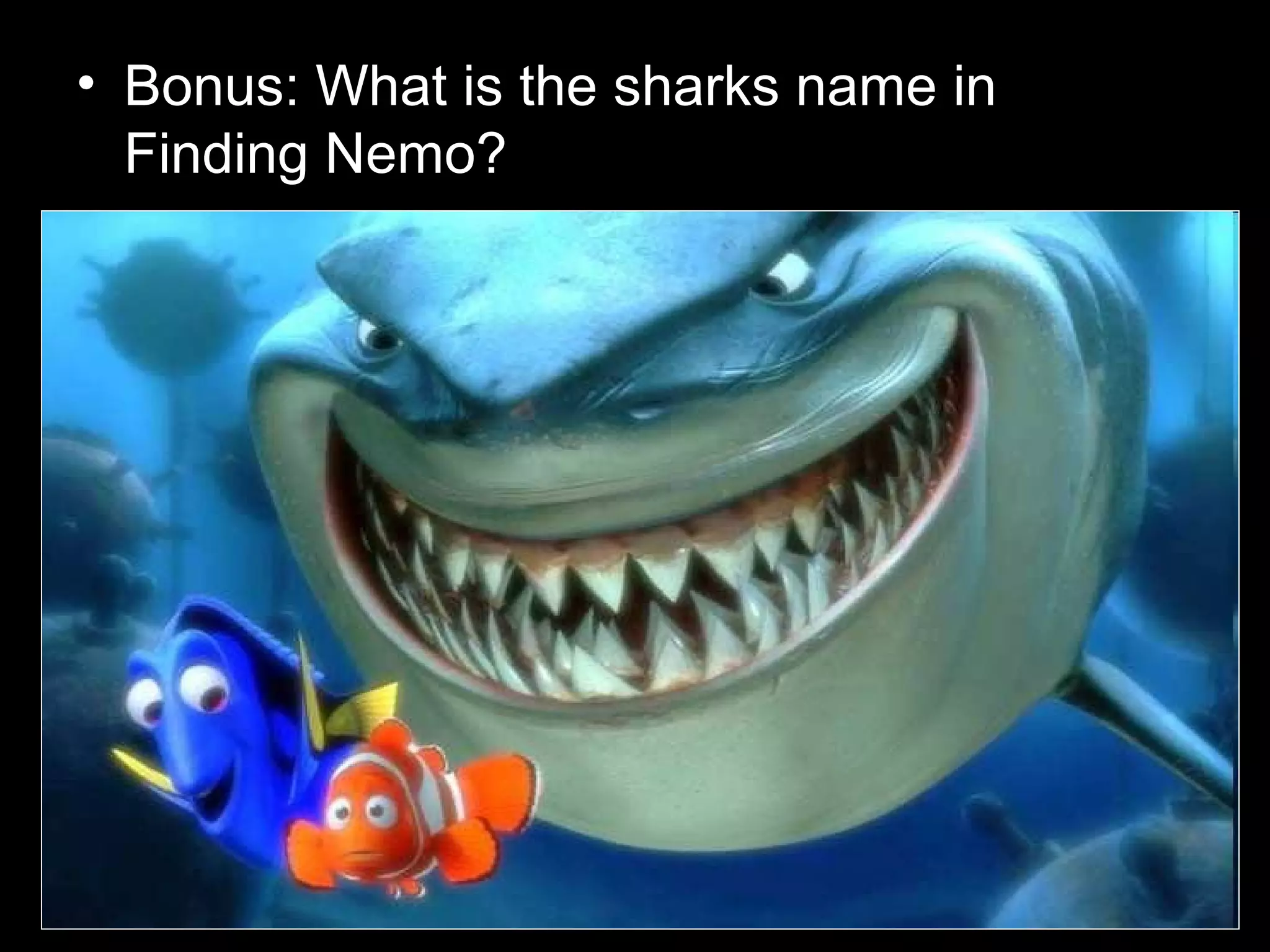 • Bonus: What is the sharks name in
Finding Nemo?
 