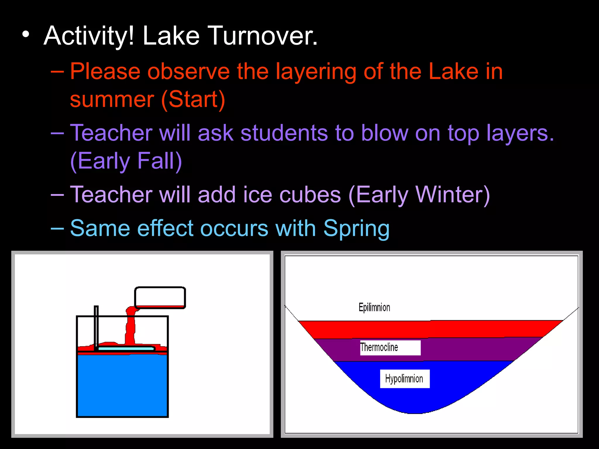 • Activity! Lake Turnover.
– Please observe the layering of the Lake in
summer (Start)
– Teacher will ask students to blow on top layers.
(Early Fall)
– Teacher will add ice cubes (Early Winter)
– Same effect occurs with Spring
 
