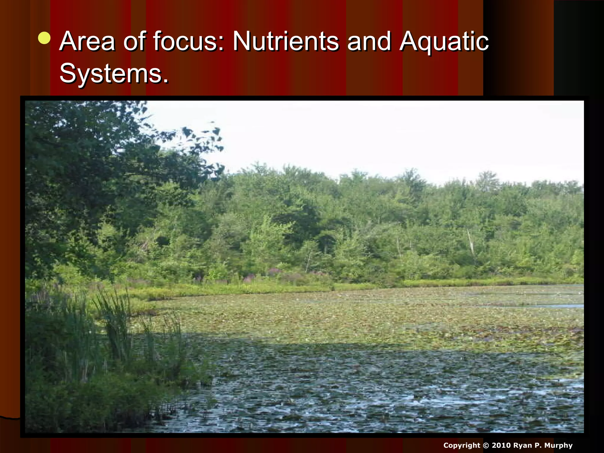 Area of focus: Nutrients and AquaticArea of focus: Nutrients and Aquatic
Systems.Systems.
Copyright © 2010 Ryan P. Murphy
 