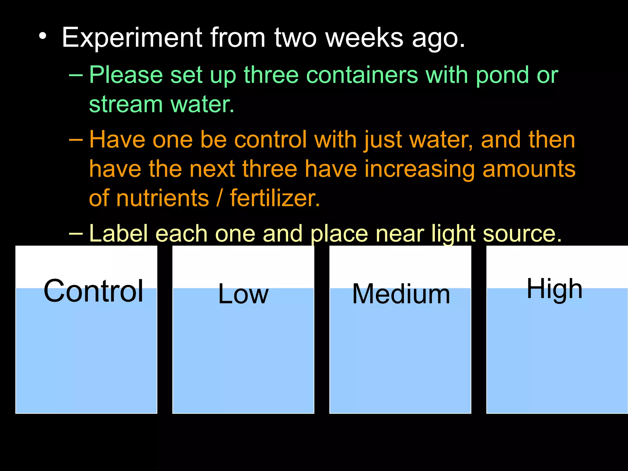 • Experiment from two weeks ago.
– Please set up three containers with pond or
stream water.
– Have one be control with just water, and then
have the next three have increasing amounts
of nutrients / fertilizer.
– Label each one and place near light source.
Control Low Medium High
 