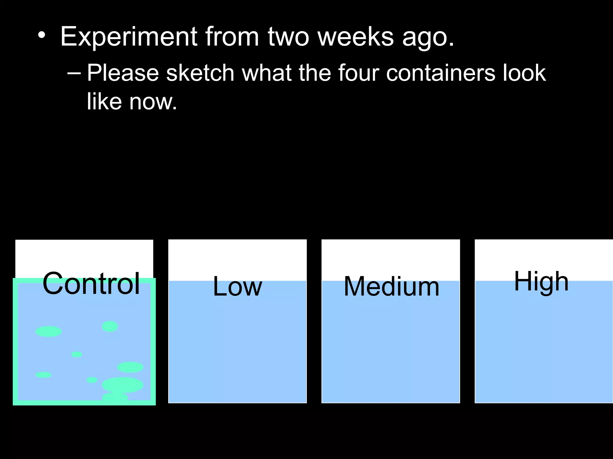 • Experiment from two weeks ago.
– Please sketch what the four containers look
like now.
Control Low Medium High
 
