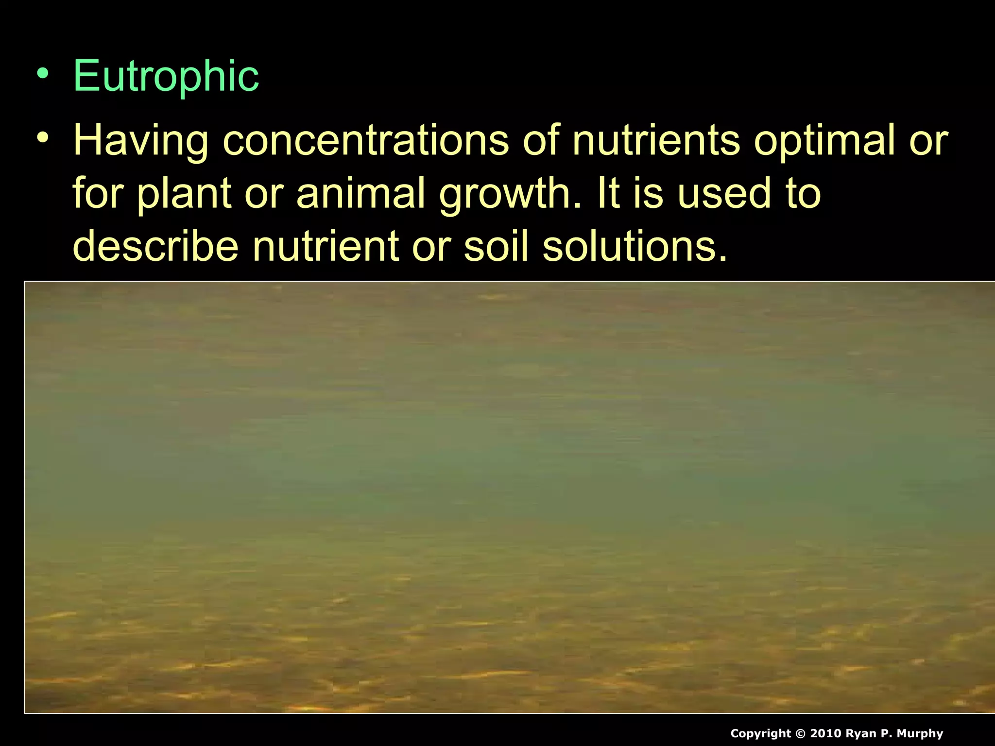 • Eutrophic
• Having concentrations of nutrients optimal or
for plant or animal growth. It is used to
describe nutrient or soil solutions.
Copyright © 2010 Ryan P. Murphy
 