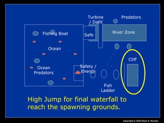 Ocean
Fishing Boat
Ocean
Predators
Safety /
Energy
Fish
Ladder
Cliff
Turbine
/ Dam
River Zone
Predators
Safe
Copyright © 2010 Ryan P. Murphy
High Jump for final waterfall to
reach the spawning grounds.
 