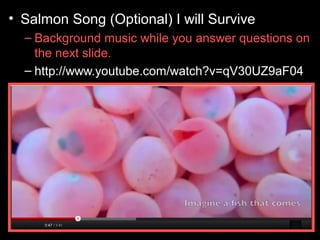 • Salmon Song (Optional) I will Survive
– Background music while you answer questions on
the next slide.
– http://www.youtube.com/watch?v=qV30UZ9aF04
 