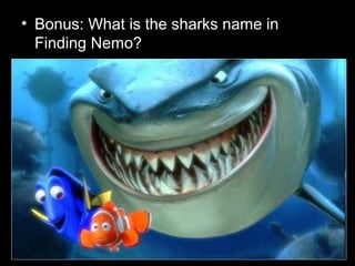 • Bonus: What is the sharks name in
Finding Nemo?
 