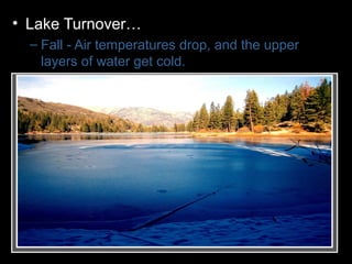 • Lake Turnover…
– Fall - Air temperatures drop, and the upper
layers of water get cold.
– Wind and chop mix the upper layers as well
• These get colder, denser, heavier, and sink.
– Colder water displaces the water the lake
bottom forcing the lower layers to the surface.
– Winter - Ice forms layer over water. Lake
becomes layered
– Spring – Melting ice causes water to sink and
mixes layers
– Summer – Warm temperatures cause layering .
 