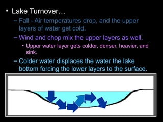 • Lake Turnover…
– Fall - Air temperatures drop, and the upper
layers of water get cold.
– Wind and chop mix the upper layers as well.
• Upper water layer gets colder, denser, heavier, and
sink.
– Colder water displaces the water the lake
bottom forcing the lower layers to the surface.
– Winter - Ice forms layer over water. Lake
becomes layered
– Spring – Melting ice causes water to sink and
mixes layers
– Summer – Warm temperatures cause layering .
 