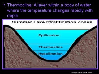 • Thermocline: A layer within a body of water
where the temperature changes rapidly with
depth.
Copyright © 2010 Ryan P. Murphy
 
