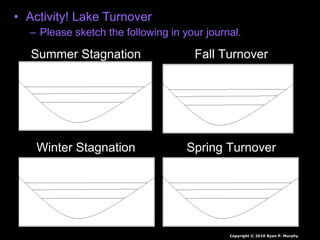 • Activity! Lake Turnover
– Please sketch the following in your journal.
Summer Stagnation Fall Turnover
Winter Stagnation Spring Turnover
Copyright © 2010 Ryan P. Murphy
 