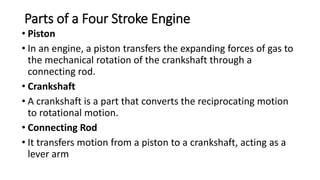 Parts of a Four Stroke Engine
• Piston
• In an engine, a piston transfers the expanding forces of gas to
the mechanical rotation of the crankshaft through a
connecting rod.
• Crankshaft
• A crankshaft is a part that converts the reciprocating motion
to rotational motion.
• Connecting Rod
• It transfers motion from a piston to a crankshaft, acting as a
lever arm
 