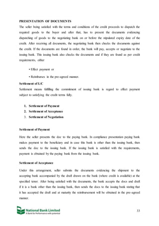 33
PRESENTATION OF DOCUMENTS
The seller being satisfied with the terms and conditions of the credit proceeds to dispatch the
required goods to the buyer and after that, has to present the documents evidencing
dispatching of goods to the negotiating bank on or before the stipulated expiry date of the
credit. After receiving all documents, the negotiating bank then checks the documents against
the credit. If the documents are found in order, the bank will pay, accepts or negotiate to the
issuing bank. This issuing bank also checks the documents and if they are found as per credit
requirements, either
• Effect payment or
• Reimburses in the pre-agreed manner.
Settlement of L/C
Settlement means fulfilling the commitment of issuing bank is regard to effect payment
subject to satisfying the credit terms fully.
1. Settlement of Payment
2. Settlement of Acceptance
3. Settlement of Negotiation
Settlement of Payment
Here the seller presents the doc to the paying bank. In compliance presentation paying bank
makes payment to the beneficiary and in case this bank is other than the issuing bank, then
sends the doc to the issuing bank. If the issuing bank is satisfied with the requirements,
payment is obtained by the paying bank from the issuing bank.
Settlement of Acceptance
Under this arrangement, seller submits the documents evidencing the shipment to the
accepting bank accompanied by the draft drawn on the bank (where credit is available) at the
specified tenor. After being satisfied with the documents, the bank accepts the docs and draft
if it is a bank other than the issuing bank, then sends the docs to the issuing bank stating that
it has accepted the draft and at maturity the reimbursement will be obtained in the pre-agreed
manner.
 