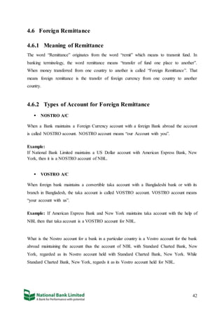 42
4.6 Foreign Remittance
4.6.1 Meaning of Remittance
The word “Remittance” originates from the word “remit” which means to transmit fund. In
banking terminology, the word remittance means “transfer of fund one place to another”.
When money transferred from one country to another is called “Foreign Remittance”. That
means foreign remittance is the transfer of foreign currency from one country to another
country.
4.6.2 Types of Account for Foreign Remittance
 NOSTRO A/C
When a Bank maintains a Foreign Currency account with a foreign Bank abroad the account
is called NOSTRO account. NOSTRO account means “our Account with you”.
Example:
If National Bank Limited maintains a US Dollar account with American Express Bank, New
York, then it is a NOSTRO account of NBL.
 VOSTRO A/C
When foreign bank maintains a convertible taka account with a Bangladeshi bank or with its
branch in Bangladesh, the taka account is called VOSTRO account. VOSTRO account means
“your account with us”.
Example: If American Express Bank and New York maintains taka account with the help of
NBL then that taka account is a VOSTRO account for NBL.
What is the Nostro account for a bank in a particular country is a Vostro account for the bank
abroad maintaining the account thus the account of NBL with Standard Charted Bank, New
York, regarded as its Nostro account held with Standard Charted Bank, New York. While
Standard Charted Bank, New York, regards it as its Vostro account held for NBL.
 