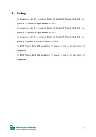 58
5.1 Findings
 In comparison with five commercial Banks of Bangladesh National Bank Ltd. was
placed in 2nd position in Import Business of 2014.
 In comparison with five commercial Banks of Bangladesh National Bank Ltd. was
placed in 2nd position in Export Business of 2014.
 In comparison with five commercial Banks of Bangladesh National Bank Ltd. was
placed in 1st position in Foreign Remittance of 2014.
 In 2014 National Bank Ltd. contributed 4% amount of rate to the total Export of
Bangladesh.
 In 2014 National Bank Ltd. contributed 4% amount of rate to the total Import of
Bangladesh.
 