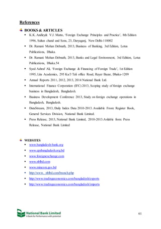 61
References
BOOKS & ARTICLES
 K.K. Andley& V.J. Matto, ‘Foreign Exchange Principles and Practice’, 8th Edition
1996, Sultan chand and Sons, 23, Daryaganj, New Delhi-110002
 Dr. Ramani Mohan Debnath, 2013, Business of Banking, 3rd Edition, Lotus
Publications, Dhaka.
 Dr. Ramani Mohan Debnath, 2013, Banks and Legal Environment, 3rd Edition, Lotus
Publications, Dhaka.54
 Syed Ashraf Ali, ‘Foreign Exchange & Financing of Foreign Trade’, 1st Edition
1995, Lita Academics, 295 Ka/3 Tali office Road, Rayer Bazar, Dhaka-1209
 Annual Reports 2011, 2012, 2013, 2014 National Bank Ltd.
 International Finance Corporation (IFC) 2013, Scoping study of foreign exchange
business in Bangladesh, Bangladesh.
 Business Development Conference 2013, Study on foreign exchange operations in
Bangladesh, Bangladesh.
 DataStream, 2013, Daily Index Data 2010-2013. Available From: Register Book,
General Services Division, National Bank Limited.
 Press Release, 2013, National Bank Limited, 2010-2013.Avilable from: Press
Release, National Bank Limited
WEBSITES
 www.bangladesh-bank.org
 www.epzbangladesh.org.bd
 www.foreignexchange.com
 www.nblbd.com
 www.mincom.gov.bd
 http://www. nblbd.com/branch.php
 http://www.tradingeconomics.com/bangladesh/exports
 http://www.tradingeconomics.com/bangladesh/imports
 