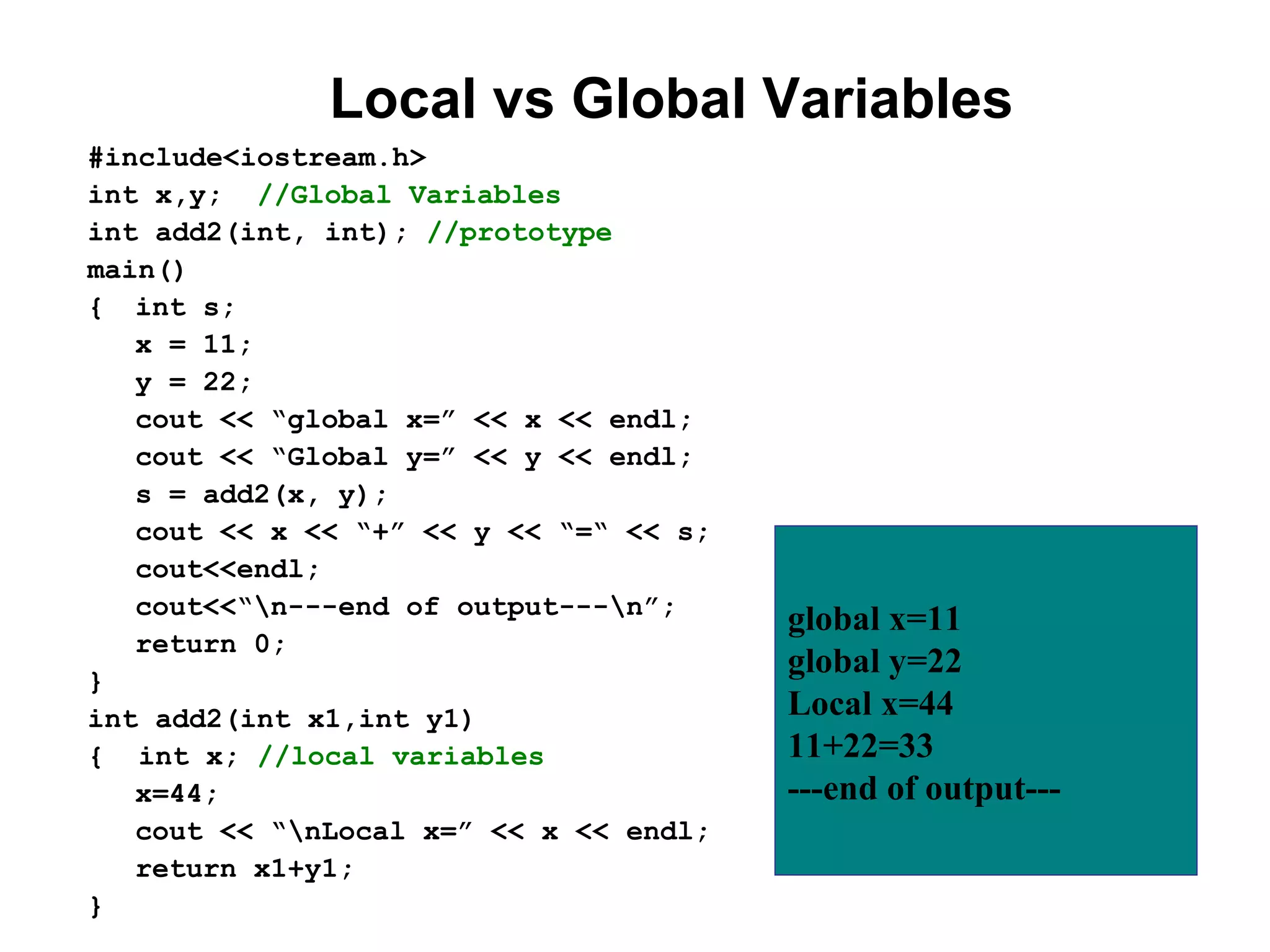 Local vs Global Variables
#include<iostream.h>
int x,y; //Global Variables
int add2(int, int); //prototype
main()
{ int s;
   x = 11;
   y = 22;
   cout << “global x=” << x << endl;
   cout << “Global y=” << y << endl;
   s = add2(x, y);
   cout << x << “+” << y << “=“ << s;
   cout<<endl;
   cout<<“n---end of output---n”;
                                        global x=11
   return 0;
}
                                        global y=22
int add2(int x1,int y1)                 Local x=44
{ int x; //local variables              11+22=33
   x=44;                                ---end of output---
   cout << “nLocal x=” << x << endl;
   return x1+y1;
}
 