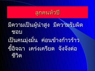 ลูกคนหัวปี

มีความเป็นผู้นำาสูง มีความรับผิด
  ชอบ
เป็นคนมุ่งมั่น ค่อนข้างก้าวร้าว
ขี้อิจฉา เคร่งเครียด จังจังต่อ
  ชีวิต
 
