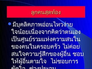 ลูกคนสุดท้อง

มีบุคลิคภาพอ่อนไหวง่าย
 ใจน้อยเนื่องจากคิดว่าตนเอง
 เป็นศูนย์รวมแห่งความสนใน
 ของคนในครอบครัว ไม่ค่อย
 สนใจความรู้สึกของผู้อน ชอบ
                       ื่
 ให้ผู้อนตามใจ ไม่ชอบการ
        ื่
 