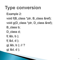 Example 2: void f(B_class *ptr, B_class &ref); void g(D_class *ptr, D_class &ref); B_class b; D_class d; f( &b, b ); f( &d, d ); g( &b, b ); // ? g( &d, d ); 