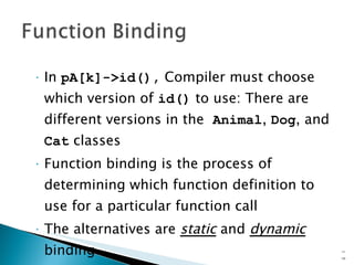 In  pA[k]->id(),  Compiler must choose which version of  id()  to use: There are different versions in the  Animal ,  Dog , and  Cat  classes Function binding is the process of determining which function definition to use for a particular function call The alternatives are  static  and  dynamic  binding 15- 