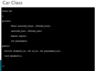 class Car { private: Wheel nearside_front, offside_front,  nearside_rear, offside_rear; Engine engine; int passengers; public: Car(int diameter_in, int cc_in, int passengers_in); void showSelf(); }; 