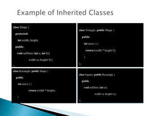 class  Shape {  protected :  int  width, height;  public :  void  setDims ( int  a,  int  b){  width=a; height=b;}  };  class  Rectangle:  public  Shape {  public :  int  area ( ) {  return  (width * height);  } };   class  Triangle:  public  Shape {  public :  int  area ( ) {  return  (width * height/2);  } }; class  Square:  public  Rectangle {  public : void  setDims ( int  a){  width=a; height=a;} }; 