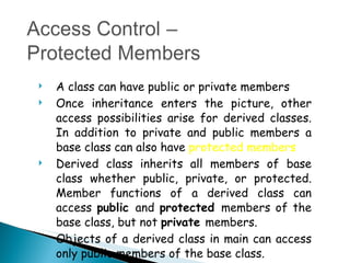 A class can have public or private members  Once inheritance enters the picture, other access possibilities arise for derived classes. In addition to private and public members a base class can also have  protected members  Derived class inherits all members of base class whether public, private, or protected. Member functions of a derived class can access  public  and  protected  members of the base class, but not  private  members.  Objects of a derived class in main can access only public members of the base class. 