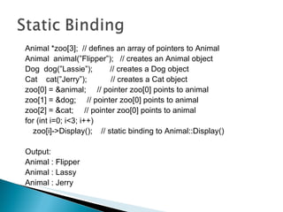 Animal *zoo[3];  // defines an array of pointers to Animal Animal  animal(”Flipper”);  // creates an Animal object Dog  dog(”Lassie”);  // creates a Dog object Cat  cat(”Jerry”);  // creates a Cat object zoo[0] = &animal;  // pointer zoo[0] points to animal zoo[1] = &dog;  // pointer zoo[0] points to animal zoo[2] = &cat;  // pointer zoo[0] points to animal for (int i=0; i<3; i++) zoo[i]->Display();  // static binding to Animal::Display() Output: Animal : Flipper Animal : Lassy Animal : Jerry 