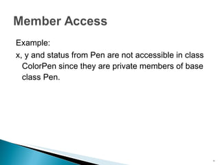 Example: x ,  y  and  status  from  Pen  are not accessible in class  ColorPen  since they are private members of base class  Pen . 