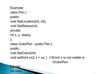 Example: class Pen { public: void SetLocation(int, int); void SetStatus(int); private: int x, y, status; }; class ColorPen : public Pen { public: void SetColor(int); void setX(int xx){ x = xx; }  // Error! x is not visible in  //ColorPen private: int color; }; 