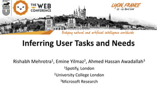 Inferring	User	Tasks	and	Needs
Rishabh	Mehrotra1,	Emine	Yilmaz2,	Ahmed	Hassan	Awadallah3
1Spotify,	London
2University	College	London
3Microsoft	Research
 