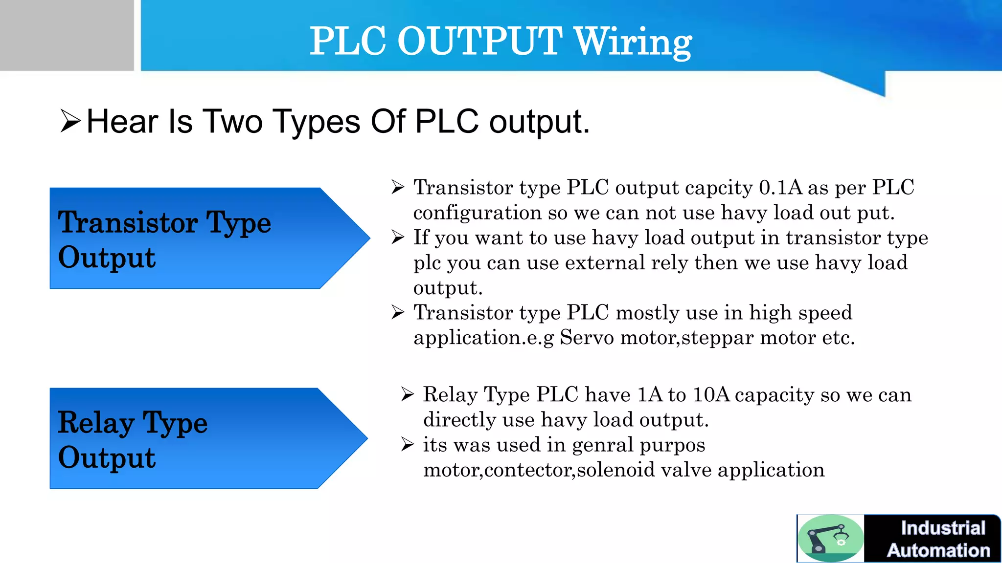 PLC OUTPUT Wiring
Hear Is Two Types Of PLC output.
Transistor Type
Output
Relay Type
Output
 Transistor type PLC output capcity 0.1A as per PLC
configuration so we can not use havy load out put.
 If you want to use havy load output in transistor type
plc you can use external rely then we use havy load
output.
 Transistor type PLC mostly use in high speed
application.e.g Servo motor,steppar motor etc.
 Relay Type PLC have 1A to 10A capacity so we can
directly use havy load output.
 its was used in genral purpos
motor,contector,solenoid valve application
 