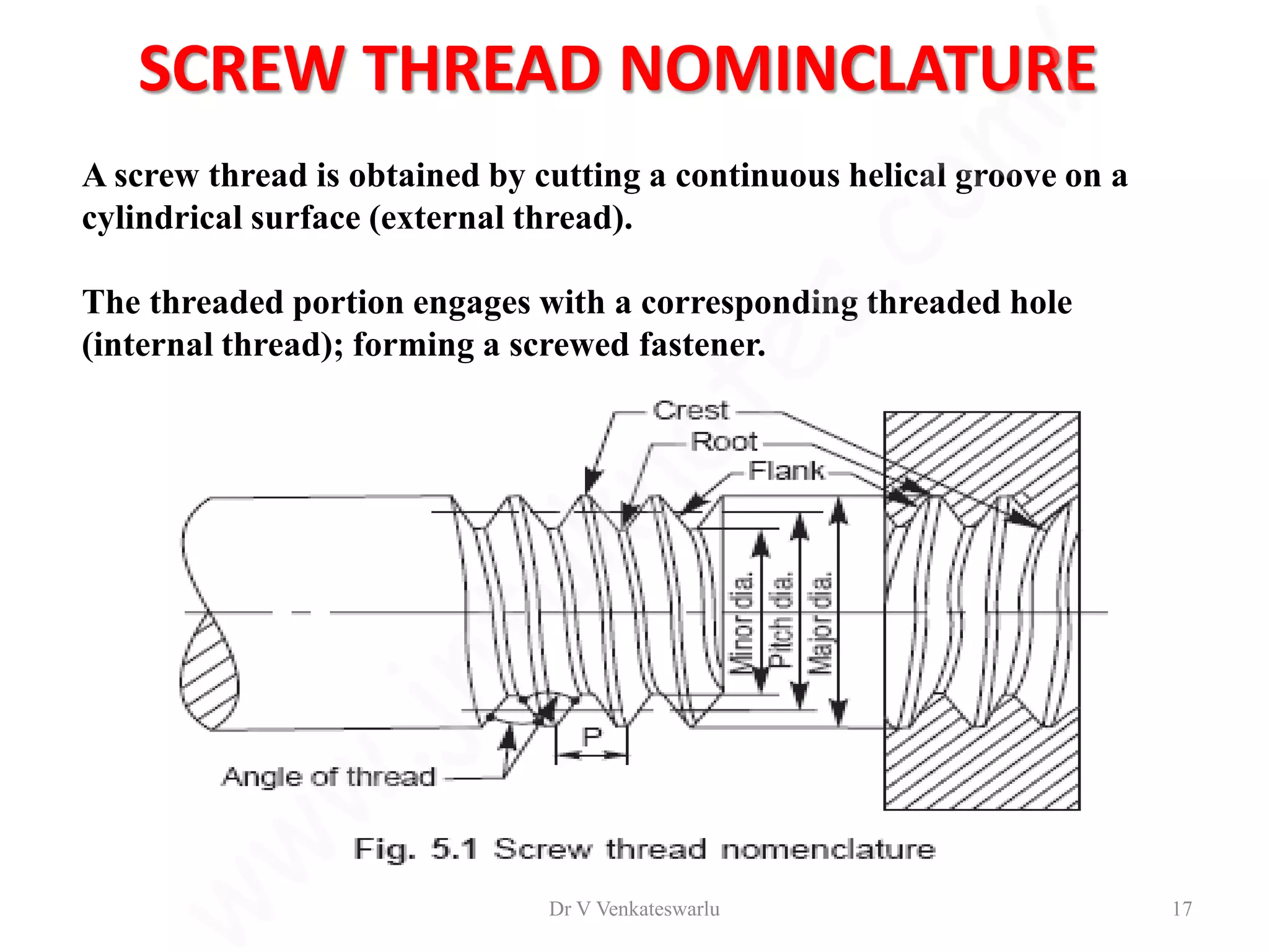 SCREW THREAD NOMINCLATURE
A screw thread is obtained by cutting a continuous helical groove on a
cylindrical surface (external thread).
The threaded portion engages with a corresponding threaded hole
(internal thread); forming a screwed fastener.
Dr V Venkateswarlu 17
 