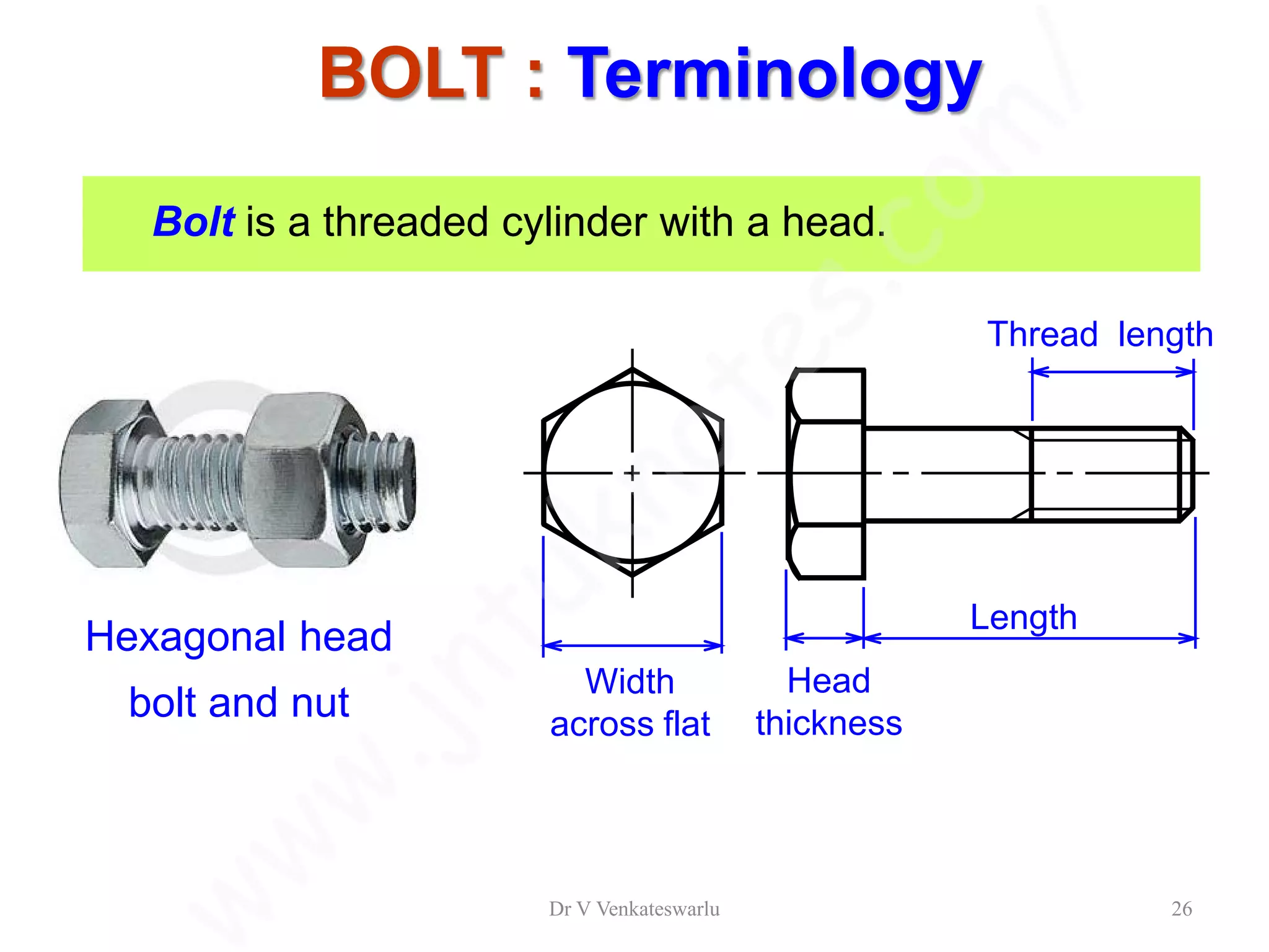 BOLT : Terminology
Bolt is a threaded cylinder with a head.
Hexagonal head
bolt and nut
Head
thickness
Thread length
Length
Width
across flat
Dr V Venkateswarlu 26
 