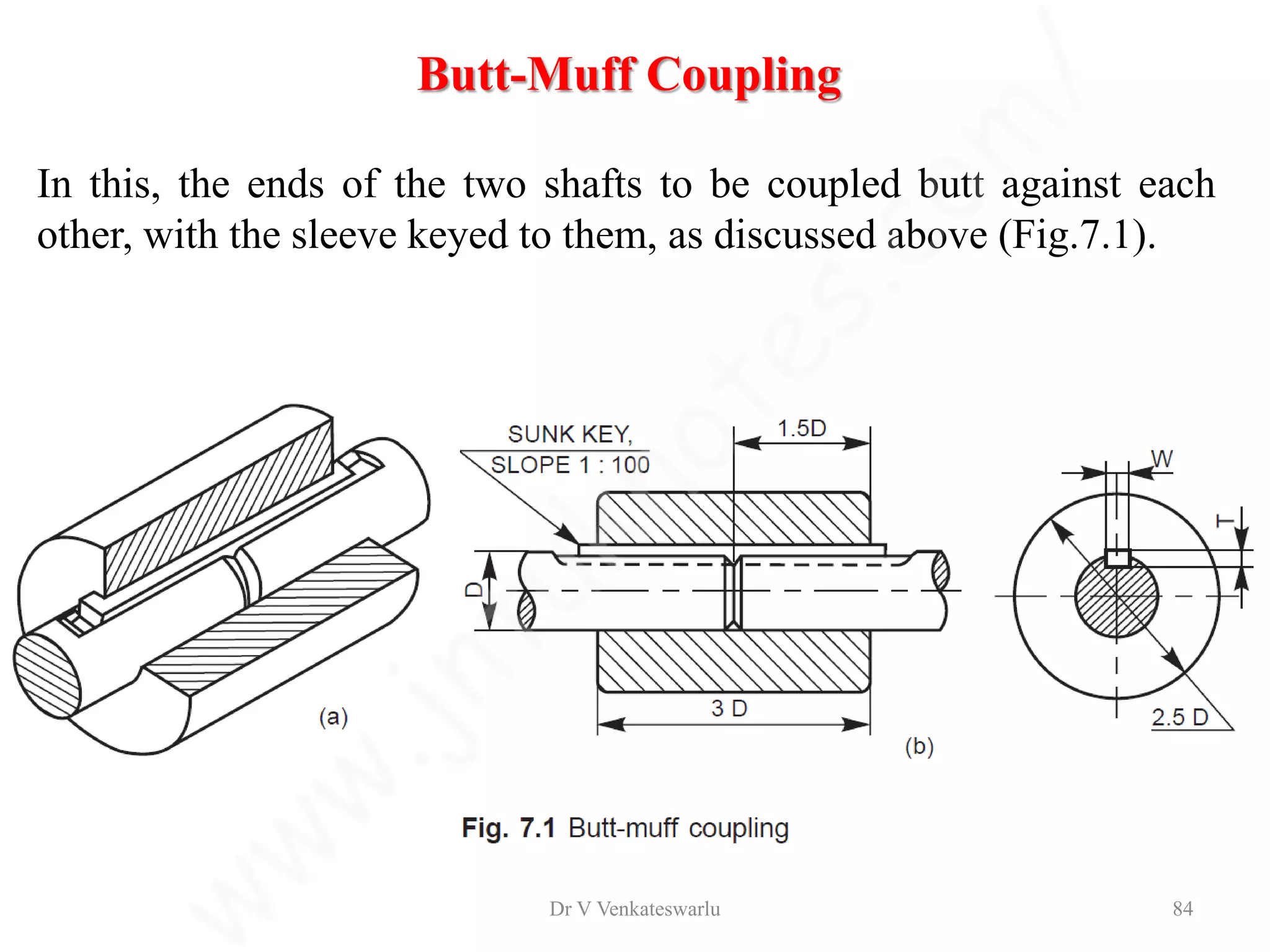 In this, the ends of the two shafts to be coupled butt against each
other, with the sleeve keyed to them, as discussed above (Fig.7.1).
Butt-Muff Coupling
Dr V Venkateswarlu 84
 