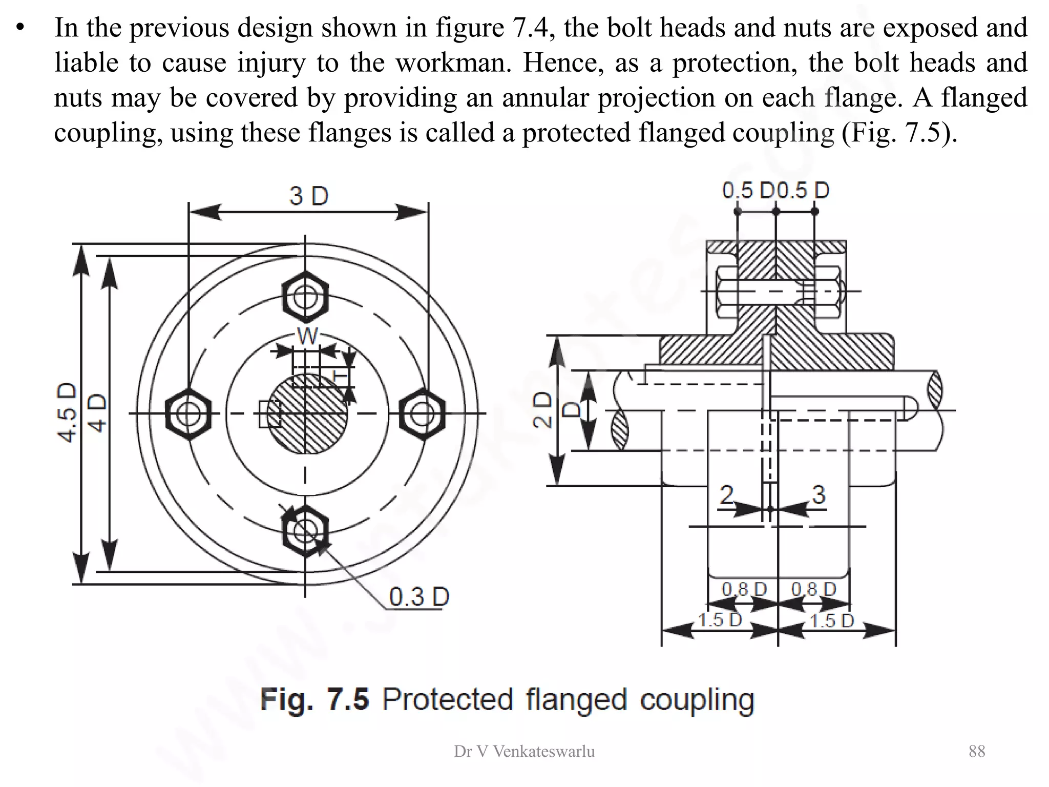 • In the previous design shown in figure 7.4, the bolt heads and nuts are exposed and
liable to cause injury to the workman. Hence, as a protection, the bolt heads and
nuts may be covered by providing an annular projection on each flange. A flanged
coupling, using these flanges is called a protected flanged coupling (Fig. 7.5).
Dr V Venkateswarlu 88
 