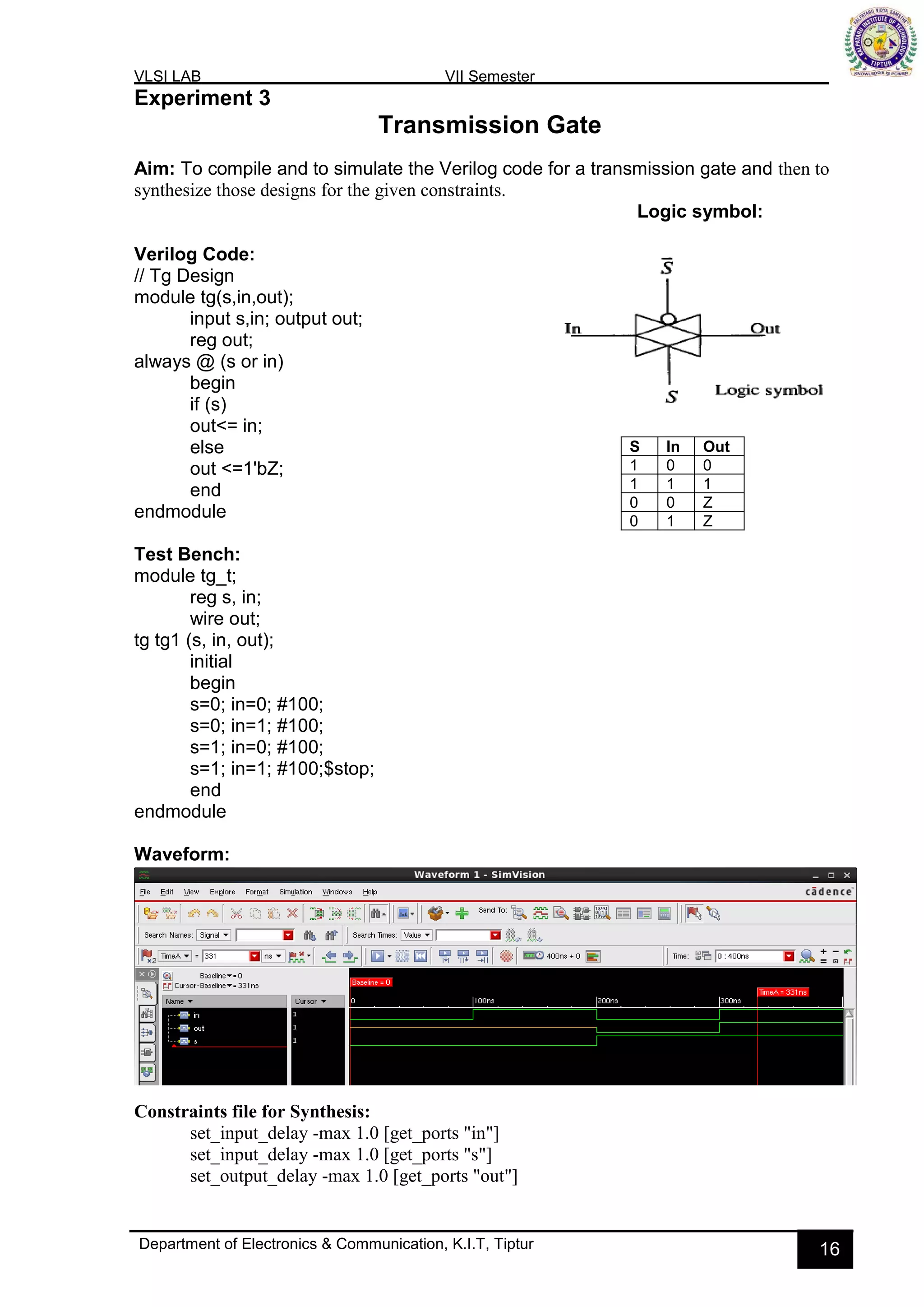 VLSI LAB VII Semester
Department of Electronics & Communication, K.I.T, Tiptur 16
Experiment 3
Transmission Gate
Aim: To compile and to simulate the Verilog code for a transmission gate and then to
synthesize those designs for the given constraints.
Logic symbol:
Verilog Code:
// Tg Design
module tg(s,in,out);
input s,in; output out;
reg out;
always @ (s or in)
begin
if (s)
out<= in;
else
out <=1'bZ;
end
endmodule
Test Bench:
module tg_t;
reg s, in;
wire out;
tg tg1 (s, in, out);
initial
begin
s=0; in=0; #100;
s=0; in=1; #100;
s=1; in=0; #100;
s=1; in=1; #100;$stop;
end
endmodule
Waveform:
Constraints file for Synthesis:
set_input_delay -max 1.0 [get_ports "in"]
set_input_delay -max 1.0 [get_ports "s"]
set_output_delay -max 1.0 [get_ports "out"]
S In Out
1 0 0
1 1 1
0 0 Z
0 1 Z
 