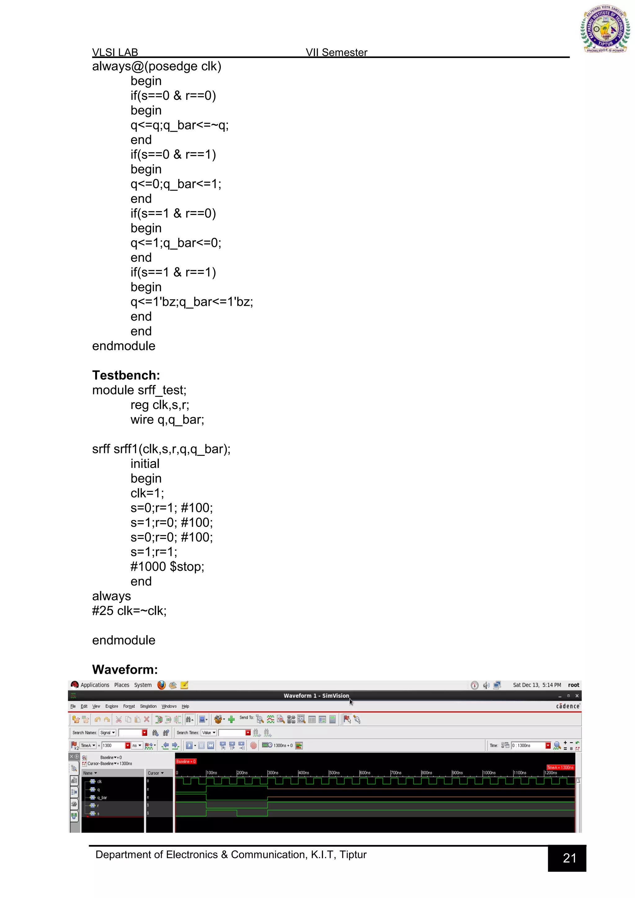 VLSI LAB VII Semester
Department of Electronics & Communication, K.I.T, Tiptur 21
always@(posedge clk)
begin
if(s==0 & r==0)
begin
q<=q;q_bar<=~q;
end
if(s==0 & r==1)
begin
q<=0;q_bar<=1;
end
if(s==1 & r==0)
begin
q<=1;q_bar<=0;
end
if(s==1 & r==1)
begin
q<=1'bz;q_bar<=1'bz;
end
end
endmodule
Testbench:
module srff_test;
reg clk,s,r;
wire q,q_bar;
srff srff1(clk,s,r,q,q_bar);
initial
begin
clk=1;
s=0;r=1; #100;
s=1;r=0; #100;
s=0;r=0; #100;
s=1;r=1;
#1000 $stop;
end
always
#25 clk=~clk;
endmodule
Waveform:
 