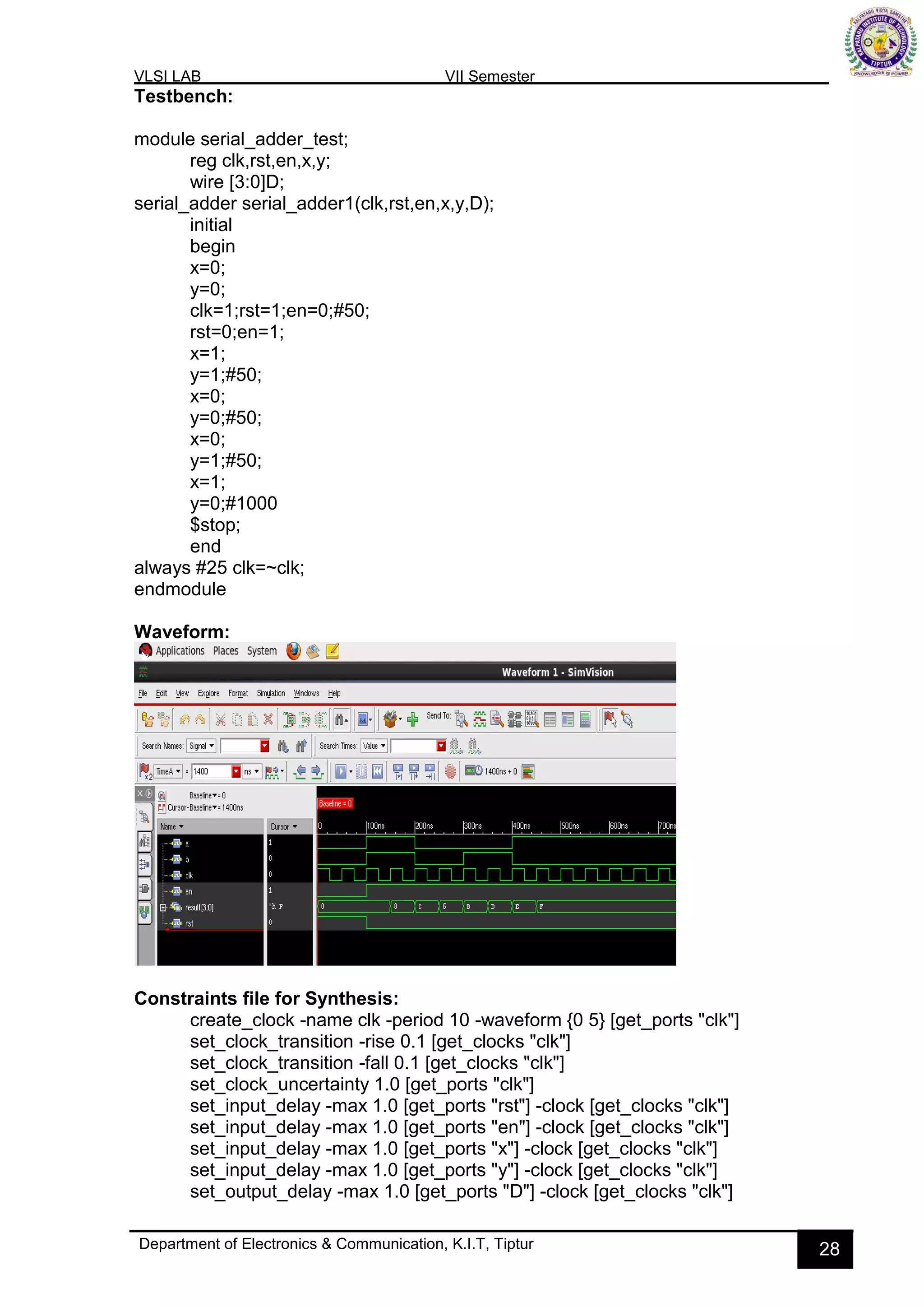 VLSI LAB VII Semester
Department of Electronics & Communication, K.I.T, Tiptur 28
Testbench:
module serial_adder_test;
reg clk,rst,en,x,y;
wire [3:0]D;
serial_adder serial_adder1(clk,rst,en,x,y,D);
initial
begin
x=0;
y=0;
clk=1;rst=1;en=0;#50;
rst=0;en=1;
x=1;
y=1;#50;
x=0;
y=0;#50;
x=0;
y=1;#50;
x=1;
y=0;#1000
$stop;
end
always #25 clk=~clk;
endmodule
Waveform:
Constraints file for Synthesis:
create_clock -name clk -period 10 -waveform {0 5} [get_ports "clk"]
set_clock_transition -rise 0.1 [get_clocks "clk"]
set_clock_transition -fall 0.1 [get_clocks "clk"]
set_clock_uncertainty 1.0 [get_ports "clk"]
set_input_delay -max 1.0 [get_ports "rst"] -clock [get_clocks "clk"]
set_input_delay -max 1.0 [get_ports "en"] -clock [get_clocks "clk"]
set_input_delay -max 1.0 [get_ports "x"] -clock [get_clocks "clk"]
set_input_delay -max 1.0 [get_ports "y"] -clock [get_clocks "clk"]
set_output_delay -max 1.0 [get_ports "D"] -clock [get_clocks "clk"]
 